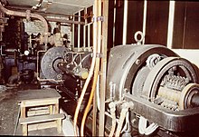 DC generating plant of De Laval impulse turbine, reduction gearbox and DC dynamo, installed at Bamford Mill Steam turbine, Bamford Mill - geograph.org.uk - 959584.jpg
