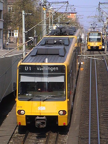 Two class DT-8 Stuttgart Stadtbahn cars on dual gauge track in Stuttgart, Germany