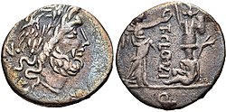 Quinarius of Titus Cloelius. 98 BC. Jupiter is portrayed on the obverse. The reverse depicts Victoria crowning a trophy with a captive at its feet, and a carnyx behind. It commemorates the victories of Marius against the Teutons. This coin may have been minted for Marius' veterans. T. Cloelius, quinarius, 98 BC, RRC 332-1a.jpg