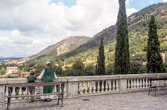 Talking about nature and medieval history in Costacciaro. Umbria, Italy