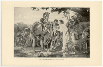 Tarpeia conspires with Tatius in an illustration from The story of the Romans by Hélène Adeline Guerber (1896)