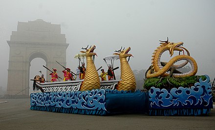 Motifs of the traditional Meitei Dragon God Pakhangba and the dragon boat racing festival "Hiyang Taannaba", being depicted in the tableau presentation of Manipur state, on the 61st Republic Day of India, in Delhi