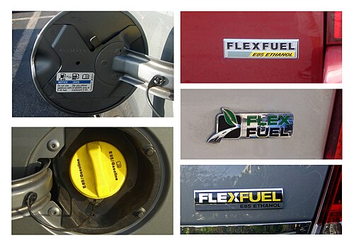 Typical labeling used in the US to identify E85 vehicles. Top left: a small sticker in the back of the fuel filler door. Bottom left: the bright yellow gas cap used in newer models. E85 Flexfuel badging used in newer models from Chrysler (top right), Ford (middle right) and GM (bottom right).