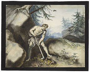 Drawing by Johann Heinrich Ramberg of Timon and the gold: act IV, scene iii Timon Laying Aside the Gold.jpg