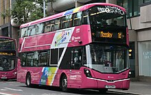 A Metro Wright StreetDeck Electroliner battery electric bus in Belfast city centre, July 2023 Translink Metro Bus, Wellington Place, Belfast (July 2023).jpg