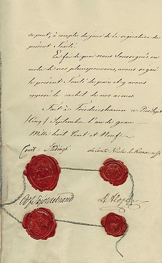 <span class="mw-page-title-main">Treaty of Fredrikshamn</span> 1809 treaty between Sweden and Imperial Russia which ended the Finnish War