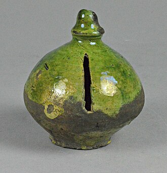 16th century Tudor money box Tudor money pot green, used in late medieval Britain.jpg