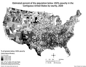 Choropleth map showing estimated percent of the population below 150% poverty in the Contiguous United States by county, 2020