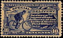 1902 US postal stamp depicting a bicycle messenger US bike messenger stamp 1902.jpg