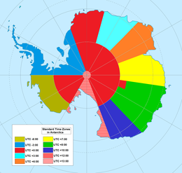 Map of approximate time zones on the continent of Antarctica. Stations could use time zones not matching the map.
UTC+00:00
UTC+03:00
UTC+06:00
UTC+07:00
UTC+08:00
UTC+10:00
UTC+12:00
UTC+13:00
UTC-06:00
UTC-03:00 UTC hue4map ATA.png