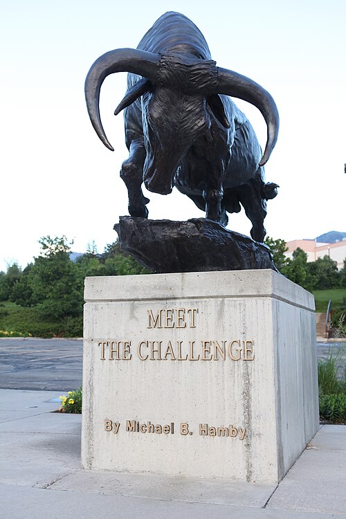 Meet the Challenge Statue. Utah State's mascot is Big Blue