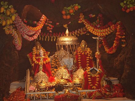 The three icons representing the three aspects of the Mother Goddess in the Vaishno Devi temple shrine, near Katra.