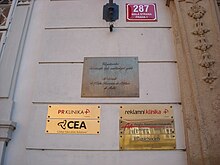 Nameplates on a building in Prague, among them that of the embassy Velvyslanecstvi Maltezskych rytiru CR 3.JPG