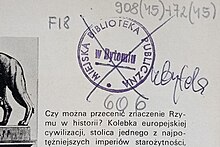 Weeded book - library stamp is crossed out Weeded book from Poland.jpg