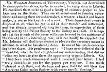 African Repository and Colonial Journal, August 1837, describing the efforts of William Johnson of Tyler County to settle his former slaves in Liberia West Virginia slaves for settlement in Liberia 1837.png