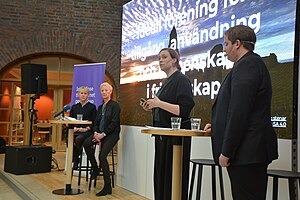 Margot Wallström, Anna Wahl, Sara Mörtsell i John Andersson na WikiGap 2018 događaju u Stockholmu