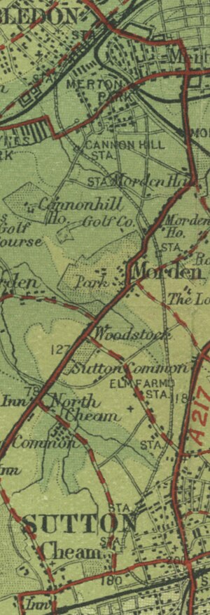 Route of the Wimbledon & Sutton Railway on an early 1920s map, showing stations approved in 1910