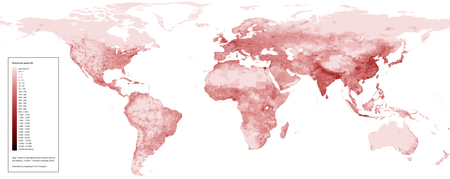 Population density (people per square kilometre) map of the world in 2005 World human population density map.png