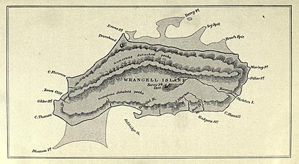 Mapa desenhado à mão a partir do qual a forma de peixe da ilha é evidente.  Características geográficas interiores (montanhas, rios) são marcadas, junto com todos os cabos e terras mortas ao redor das costas.