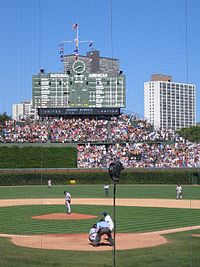 Wrigley Field, before the 2005-2006 remodeling, with juniper-filled Batter's Eye section visible. Wrigleyboard 8 27 05.jpg