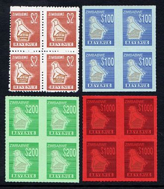 Modern Zimbabwean revenues in blocks of four Zimbabwe revenue stamps in blocks of four.jpg