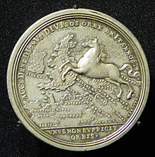 A 1714 silver medallion from the reign of George I, referring to his accession in Great Britain. The Saxon Steed runs from Hanover to Britain. 10 Munzkabinett (8).JPG