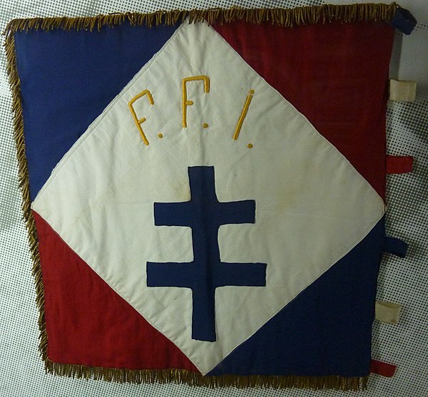 The Cross of Lorraine on the flag of the 2nd company, 1st battalion, FFI Finistere. It was founded by a group of French Scouts who joined the French R