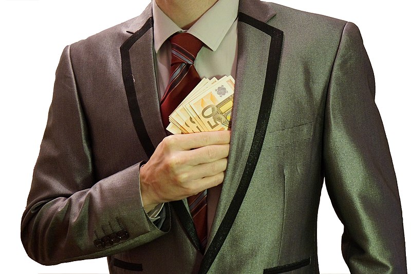 File:1 - corruption - man in suit - white background - euro banknotes hidden into left jacket pocket - royalty free, without copyright, public domain photo image.JPG