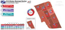 Results of the election in Ward 3. Polling districts are shaded by which candidate gained the majority of the vote. 2018 Windsor Municipal Election - Ward 3 Results by Polling District.png