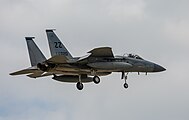 A US Air Force F-15C Eagle, tail number 81-0020, on final approach at Kadena Air Base in Okinawa, Japan