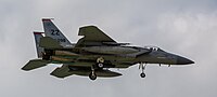 A US Air Force F-15C Eagle, tail number 85-0098, on final approach at Kadena Air Base in Okinawa, Japan. The aircraft is assigned to the 67th Fighter Squadron.