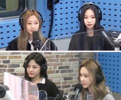 Photograph of Aespa at SBS Radio in 2020. The top row shows Giselle and Karina, and bottom row shows Ningning and Winter.