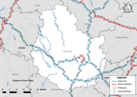 Côte-d'Or bölümündeki ulusal karayolu ağının (karayolları ve ulusal yollar) haritası