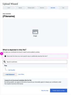 2. Add alerts and messaging within the upload wizard that encourage more specific depict tags