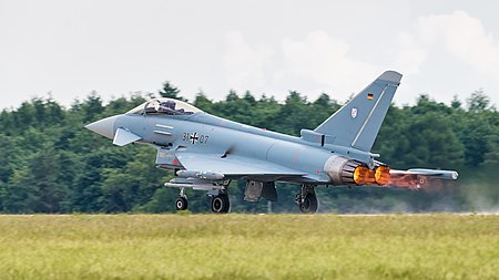English: Eurofighter Typhoon EF2000 (reg. 31+07, cn GS083 and reg. 30+87, cn GS066) of the German Air Force at ILA Berlin Air Show 2016.