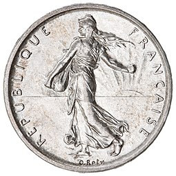 Oscar Roty's "Sower" design for French coins may have inspired Weinman's obverse. 5 French francs Semeuse silver 1960 F340-4 obverse.jpg