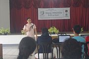 Michael Ong giving his welcome remarks during the 6th Waray Wikipedia Edit-a-thon at the University of the Philippines Visayas Tacloban College (UPVTC) held on November 18-19, 2016. The event was organized by the The Leyte-Samar Heritage Center of UPVTC and the Sinirangan Bisaya Wikimedia Community.