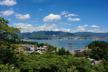 An aerial view of the Itsukushima-jinja torii and the main island from the ropeway/hiking trails of Miyajima.