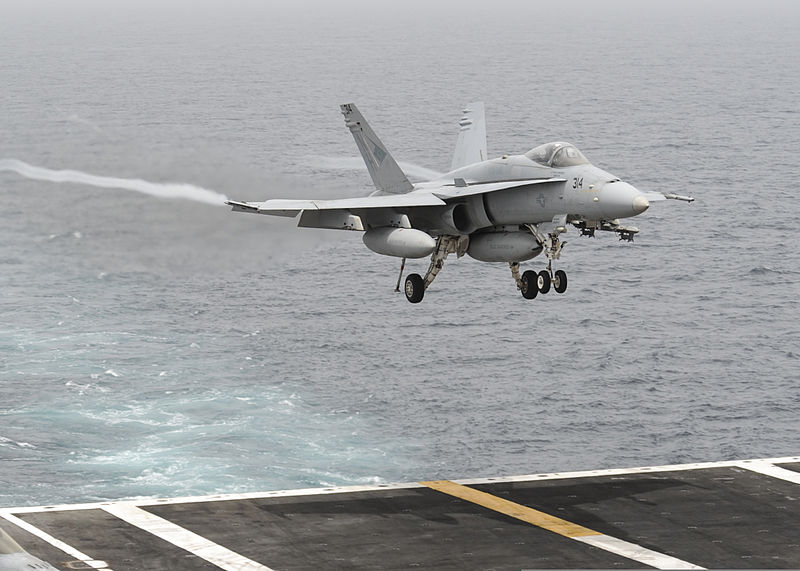 File:A U.S. Navy F-A-18C Hornet aircraft assigned to Strike Fighter Squadron (VFA) 146 prepares to land aboard the aircraft carrier USS Nimitz (CVN 68) Aug. 15, 2013, in the U.S. 5th Fleet area of responsibility 130815-N-AZ866-225.jpg