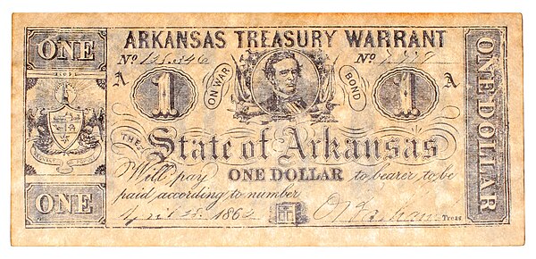 Modern reproduction of a 1862 $1 Arkansas Treasury Warrant.