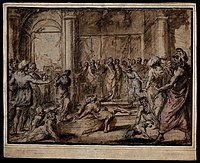 An Elderly Bearded Man Falling to the Ground before a Large Crowd of Onlookers in a Classical Interior . Between 1616 and 1661 date QS:P,+1650-00-00T00:00:00Z/7,P1319,+1616-00-00T00:00:00Z/9,P1326,+1661-00-00T00:00:00Z/9 . pen and ink. London, Wellcome Library.