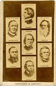 Carte de visite depicting President Johnson and some of his original secretaries, before an 1866 Cabinet shakeup Andrew Johnson President & Cabinet CDV.jpg
