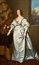 Attributed to Anthony van Dyck - Portrait of Queen Henrietta Maria standing full-length in a white satin gown, ca. 1636.jpg