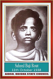 This Portrait of Saheed Baji Rout created by AIDSO, Urísa State Council in theveve of all Urísa Student Conference konferenci konanou v Angulu v roce 2002.