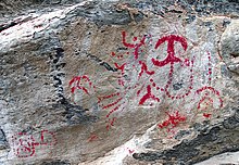 Balma dei Cervi post-palaeolithic rock paintings (Italian western Alps): anthropomorphic figures and dottings (DStretch enhanced) Balma dei Cervi rock paintings.jpg