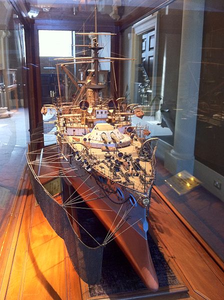 Model of Yashima with her torpedo nets deployed, National Maritime Museum, London