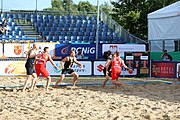 Deutsch: Beachhandball Europameisterschaften 2019 (Beach handball Euro); Tag 1: 2. Juli 2019 – Männer, Vorrunde Gruppe D, Polen-Schweden 2:1 (18:10, 15:9; 8:6) English: Beach handball Euro; Day 1: 2 July 2019 – Men Preliminary Round Group D – Poland-Sweden 2:1 (18:10, 15:9; 8:6)