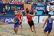 Deutsch: Beachhandball Europameisterschaften 2019 (Beach handball Euro); Tag 5: 6. Juli 2019 – Männer, Halbfinale, Dänemark-Ungarn 2:0 (19:16, 22:18) English: Beach handball Euro; Day 5: 6 July 2019 – Semifinal Men – Denmark-Ukraie 2:0 (19:16, 22:18)