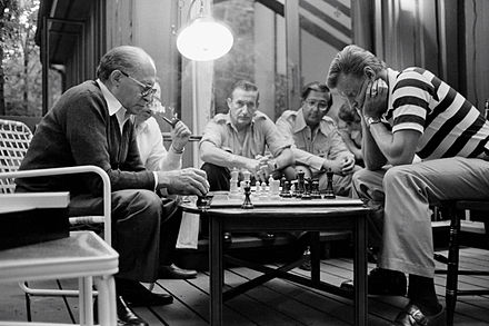 Prime Minister Menachem Begin engages Zbigniew Brzezinski in a game of chess at Camp David, 1978.