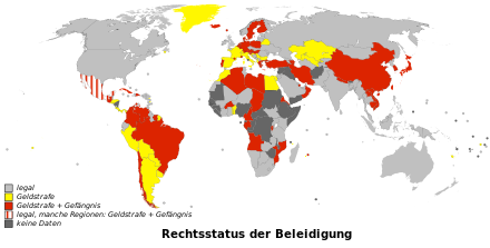 Weltkarte mit den Ländern, eingefärbt danach, ob Beleidigungen legal, mit Geldstrafe oder auch mit Gefängnisstrafe bestraft werden. Zu sehen, dass fast nur Länder des römisch-germanischen bzw. des islamischen Rechtskreises Beleidigungen verbieten.